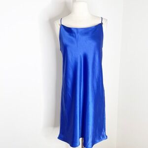 Intimate Style Royal Blue Satin Chemise Nightgown Gold Hardware Mini Dress Med